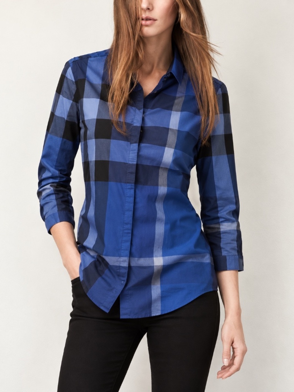 Burberry Brit Blue Nova Check Plaid 100% Cotton Shirt Women Size S